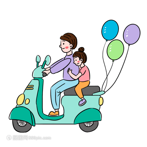 彩色卡通爸爸騎電動(dòng)車帶女兒場景